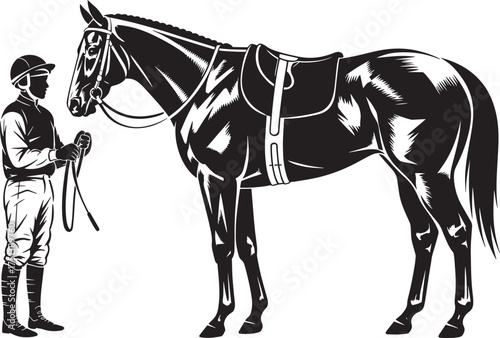 Jockey with horse monochrome vector illustration Equestrian sport athlete with thoroughbred animal
