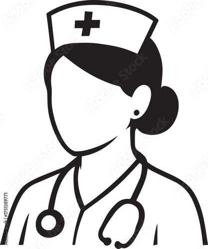 Minimalist faceless nurse in uniform with stethoscope in black and white vector representing healthcare, compassion, and professionalism