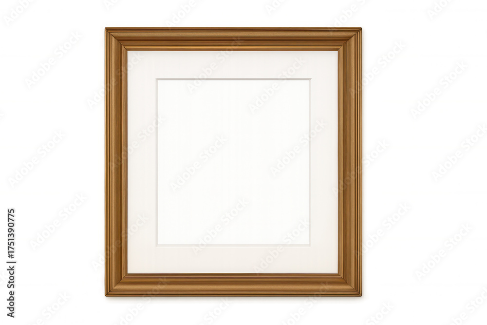 Fototapeta premium Empty gold wooden frame mockup, realistic blank square picture border with white mat on transparent background