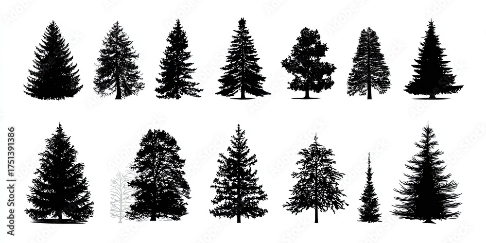 Fototapeta premium Collection of Black Pine Tree Silhouettes Against White Background