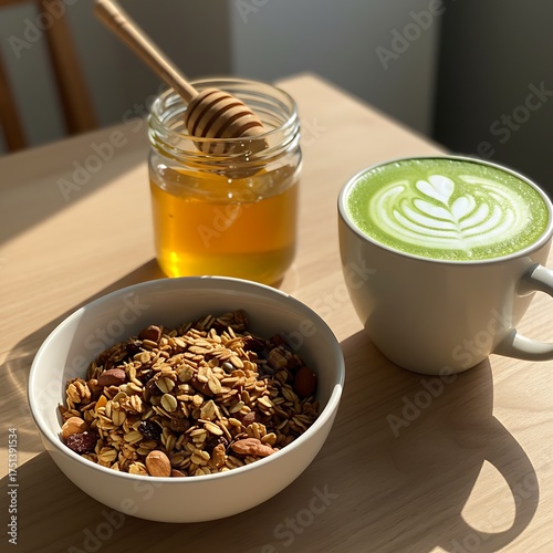 A healthy breakfast of granola, honey, and a matcha latte on a sunlit wooden table.