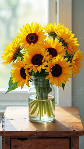 bright yellow sunflowers in glass jar on wooden table by window with warm morning sunlight