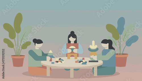Three women collaboratively build abstract shapes with colorful blocks fostering creativity and teamwork