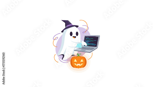 Cute ghost witch coding on laptop with jackolantern for Halloween tech fun