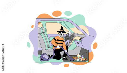 Skeletonfaced person in a witch hat vacuuming Halloween candy in a car interior