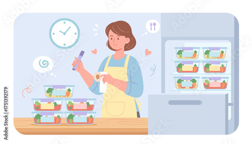 Happy woman labeling healthy meal prep containers organizing fridge for a balanced lifestyle