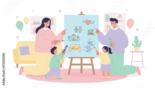 Parents and children drawing together at home promoting creativity and family fun