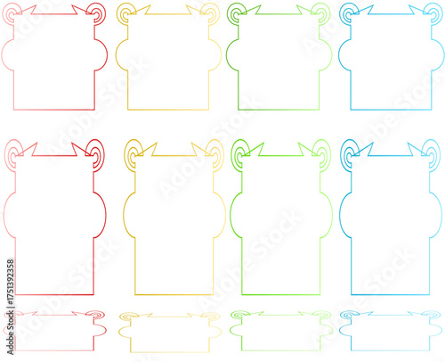 Eight colorful frames with decorative tops and bottoms, perfect for text or design elements.