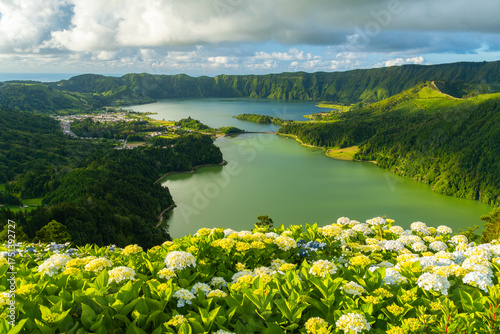 Miradouro da Vista do Rei. Sete Cidades Caldera. Blue Lake and Green Lake. Azores, Sao Miguel Island. Portugal