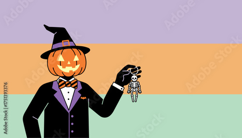 Festive pumpkin head in suit  witch hat holds a skeleton keychain Halloween concept