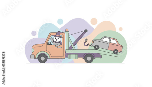 Cute illustration Friendly tow truck driver witch hat helps broken car Roadside assistance