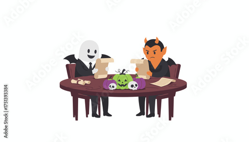 Smiling ghost and angry devil in suits review contracts at a Halloween business meeting