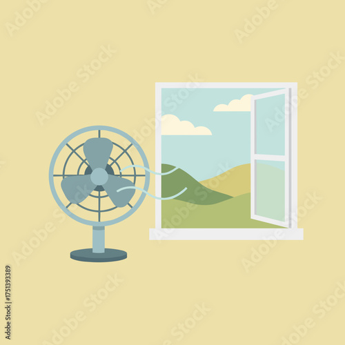 Fan blowing fresh air from an open window symbolizing home comfort cooling and ventilation