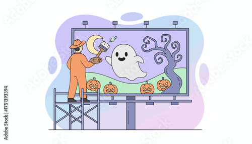 Painter creating a Halloween billboard with ghost pumpkins and spooky tree