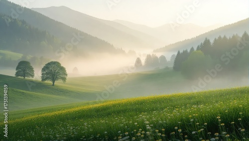 Misty Morning in the Green Valley - A Serene Landscape.