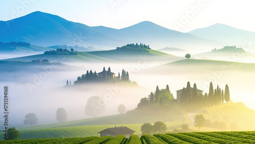 Misty Morning in Tuscany with Rolling Hills and Cypress Trees.