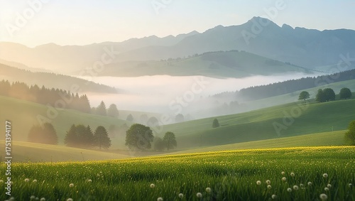 Misty Morning Landscape - Rolling Hills and Distant Mountains.