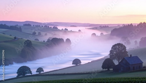 Misty Morning Landscape with Rolling Hills and Distant Valley Fog.