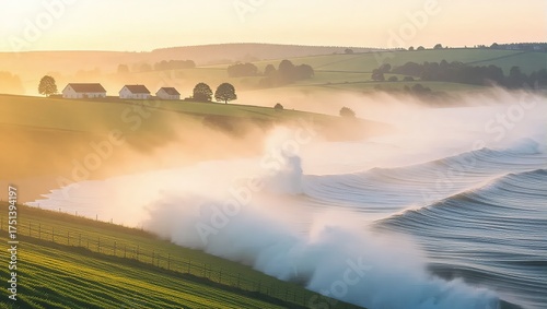 Misty Morning Landscape with Rolling Hills and Distant Houses at Sunrise.
