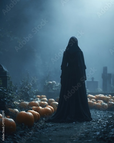 Scary ghost or witch with pumpkins in cemetery, Halloween concept