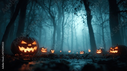Scary glowing pumpkins in spooky forest at night, eerie Halloween mood