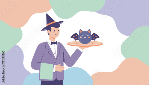 Man in witch hat serving a cute bat on a tray for Halloween Festive holiday illustration