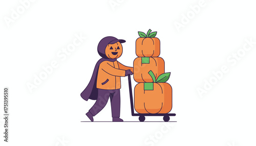Happy pumpkin delivery character transports festive autumn boxes on a hand truck