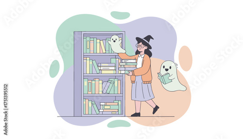 Witch and friendly ghosts organize books in a colorful library a fun learning concept