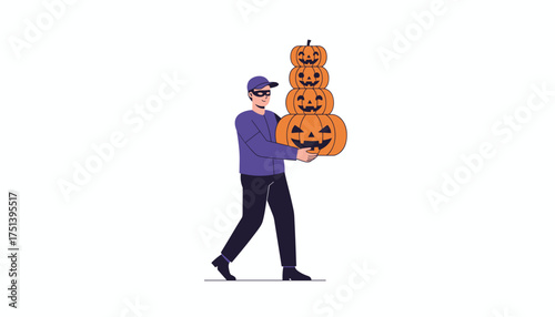 Thief in mask stealing a stack of carved Halloween pumpkins Festive holiday crime concept