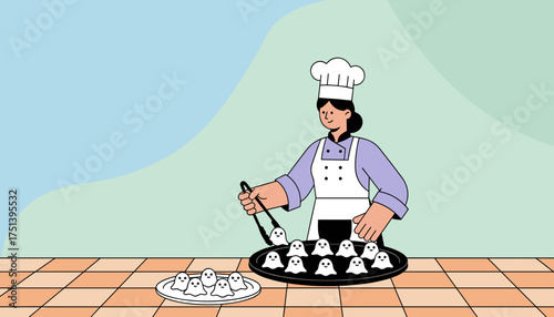 Female chef preparing cute ghostshaped cookies on a tray for a fun festive celebration