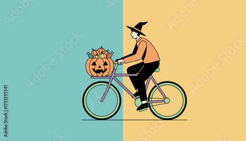 Person in witch hat cycling with Halloween pumpkins and candy for festive fun