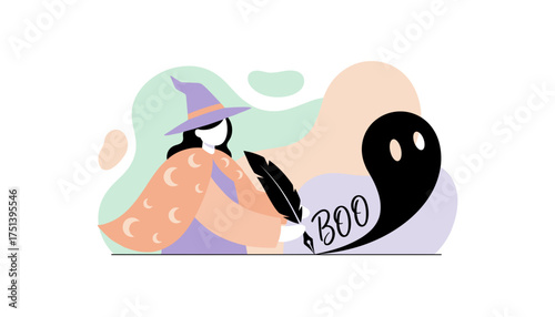 Witch writing BOO with a feather quill and ghost Halloween spooky season design