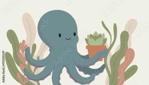 Happy cartoon octopus holding a potted succulent plant among sea plants a whimsical nature scene
