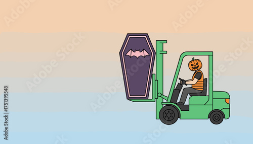 Halloween pumpkin head forklift driver transports a coffin Spooky holiday logistics