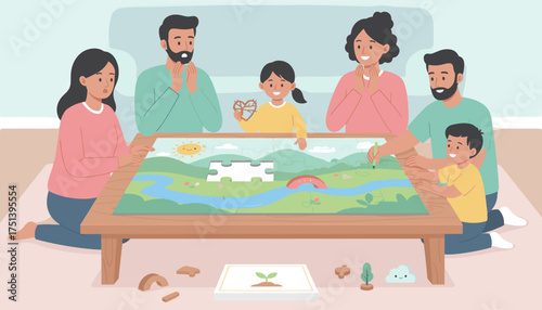 Happy family solving a nature puzzle fostering togetherness learning and environmental awareness