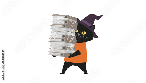 Halloween witch cat carries a tall stack of dusty cobwebcovered files