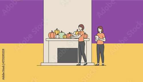 Two women decorating a home fireplace mantel with festive autumn pumpkins for fall celebration