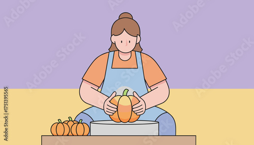 Woman in apron holds a pumpkin surrounded by gourds Autumn harvest creativity and festive crafts
