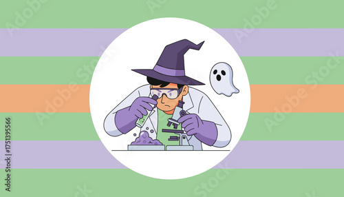 Whimsical witchscientist performing Halloween experiment with microscope bubbling potion and ghost
