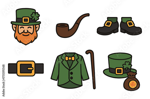 Cartoon st. patrick's day symbols with leprechaun and green attire elements