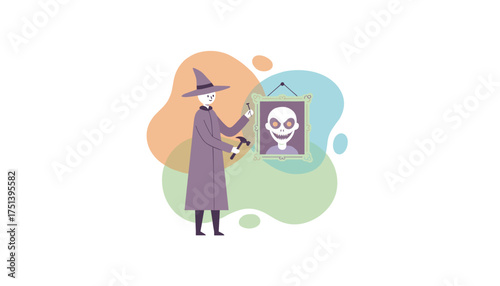 Character in wizard hat hanging spooky monster portrait with hammer and nail