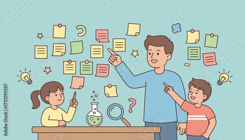 Teacher and children learn and share ideas with sticky notes promoting education creativity and discovery