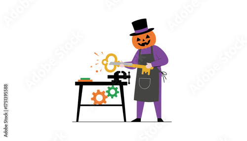 Pumpkin head character crafting a golden key at a workbench symbolizing solutions or discovery