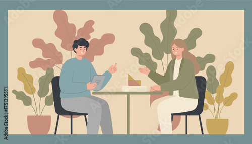 Business discussion with two happy colleagues at a table in a modern plantfilled setting