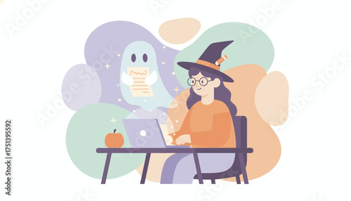 Young witch works on laptop with ghost pumpkin Halloween creativity  remote work concept