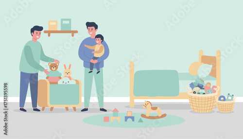 Happy gay fathers and their son enjoying playtime in a cozy nursery Family love