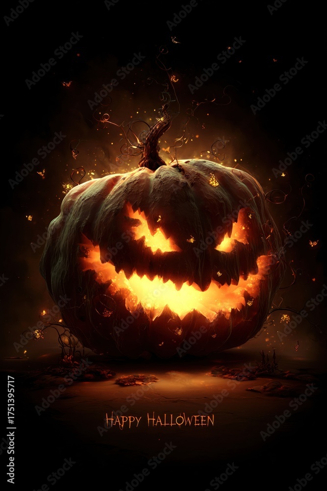 Naklejka premium Scary halloween background with glowing pumpkin