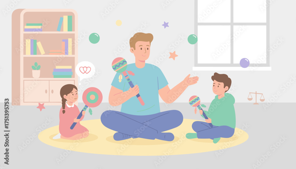 Obraz premium Adult two kids happily playing maracas in a bright room Family fun early education concept