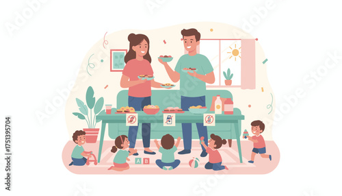 Joyful family gathering at home with parents and children featuring allergyconscious food