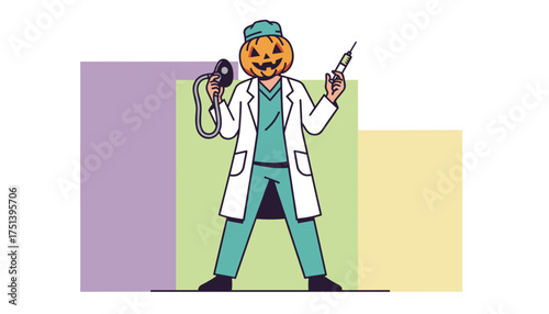 Pumpkinheaded doctor holding syringe and medical mask a playful Halloween health concept